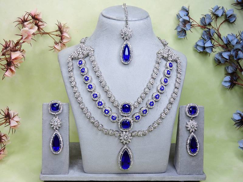 Blue rhodium premium designer american diamond and stone work necklace set
