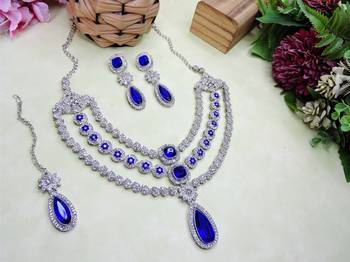 Blue rhodium premium designer american diamond and stone work necklace set 2