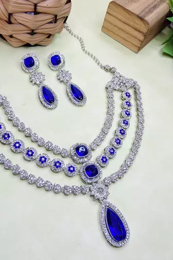 Blue rhodium premium designer american diamond and stone work necklace set