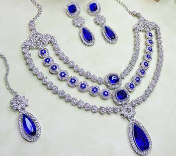 Blue rhodium premium designer american diamond and stone work necklace set 3
