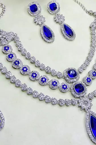 Blue rhodium premium designer american diamond and stone work necklace set