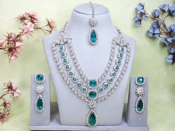 Green rhodium premium designer american diamond and stone work necklace set 1