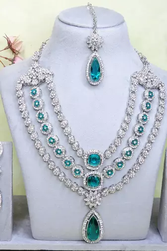 Green rhodium premium designer american diamond and stone work necklace set