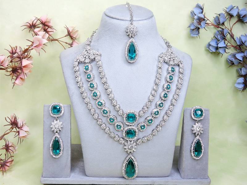 Green rhodium premium designer american diamond and stone work necklace set
