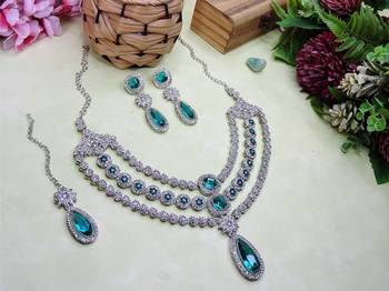 Green rhodium premium designer american diamond and stone work necklace set 2