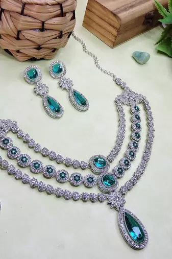 Green rhodium premium designer american diamond and stone work necklace set
