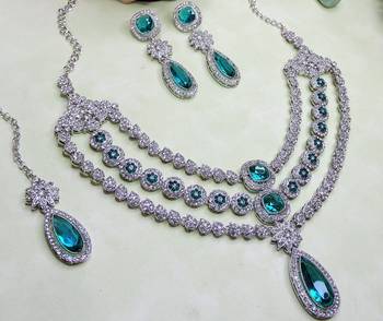 Green rhodium premium designer american diamond and stone work necklace set 3