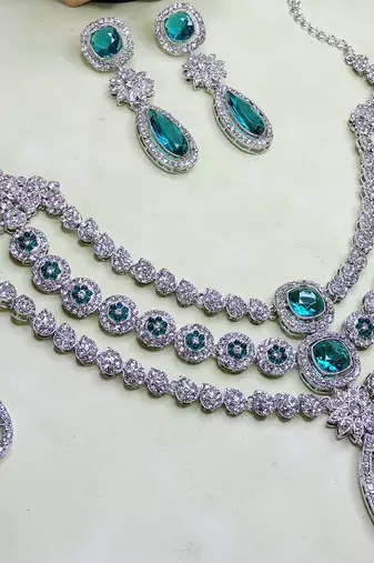 Green rhodium premium designer american diamond and stone work necklace set