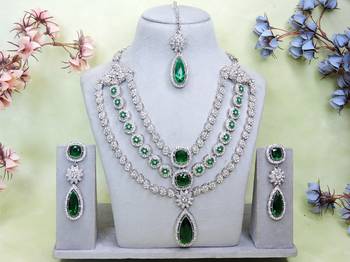 Green rhodium premium designer american diamond and stone work necklace set 1