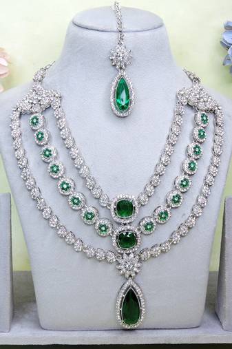 Green rhodium premium designer american diamond and stone work necklace set