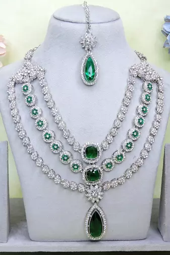 Green rhodium premium designer american diamond and stone work necklace set