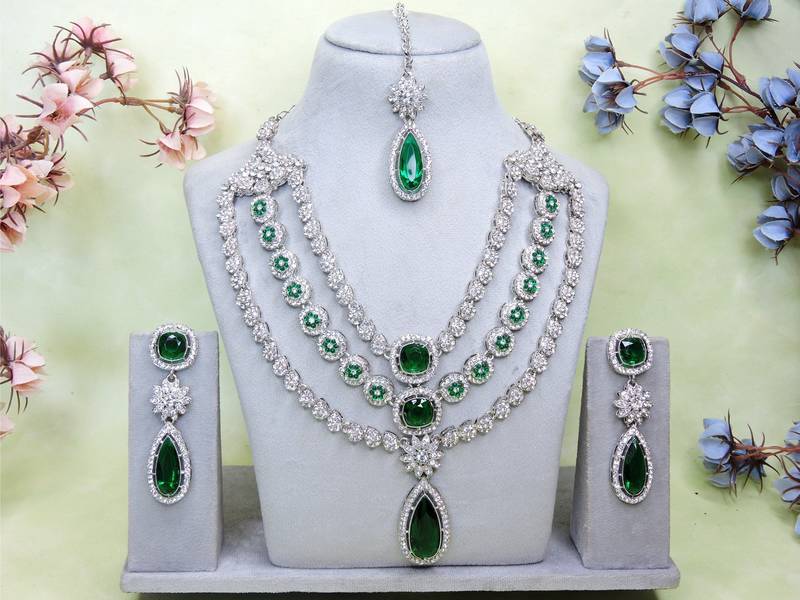 Green rhodium premium designer american diamond and stone work necklace set