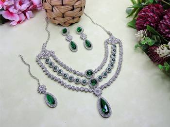 Green rhodium premium designer american diamond and stone work necklace set 2