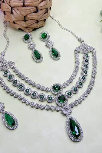 Green rhodium premium designer american diamond and stone work necklace set