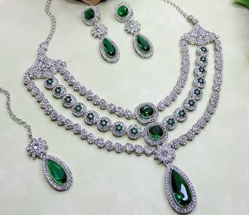 Green rhodium premium designer american diamond and stone work necklace set 3