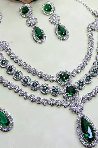 Green rhodium premium designer american diamond and stone work necklace set