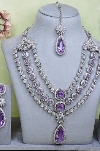 Purple rhodium premium designer american diamond and stone work necklace set