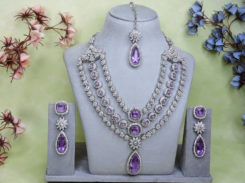 Purple rhodium premium designer american diamond and stone work necklace set