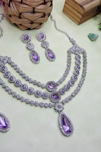 Purple rhodium premium designer american diamond and stone work necklace set