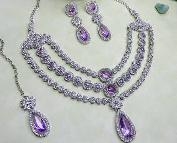 Purple rhodium premium designer american diamond and stone work necklace set 3