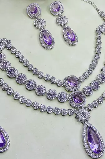 Purple rhodium premium designer american diamond and stone work necklace set