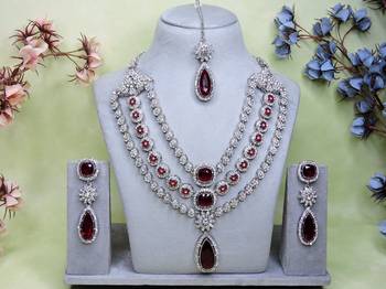 Maroon rhodium premium designer american diamond and stone work necklace set 1