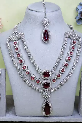 Maroon rhodium premium designer american diamond and stone work necklace set