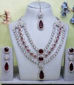 Maroon rhodium premium designer american diamond and stone work necklace set