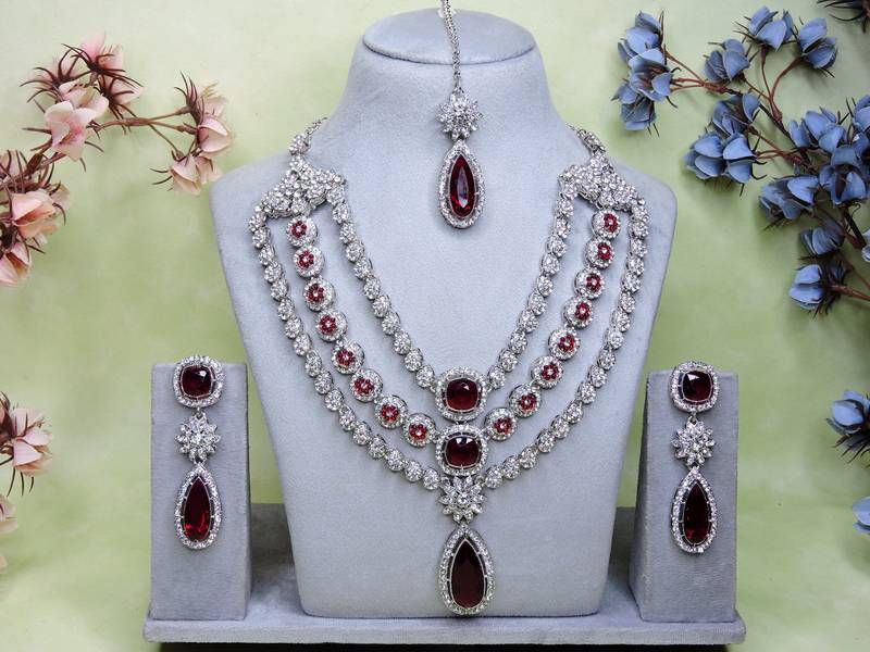 Maroon rhodium premium designer american diamond and stone work necklace set