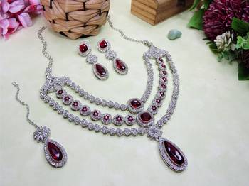 Maroon rhodium premium designer american diamond and stone work necklace set 2