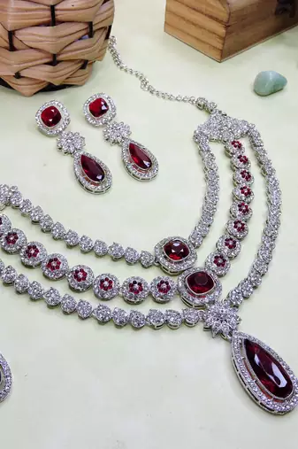 Maroon rhodium premium designer american diamond and stone work necklace set