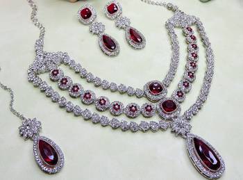 Maroon rhodium premium designer american diamond and stone work necklace set 3