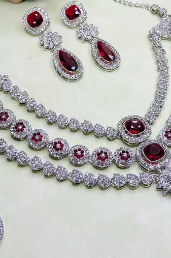 Maroon rhodium premium designer american diamond and stone work necklace set