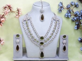 Green rhodium premium designer american diamond and stone work necklace set 1