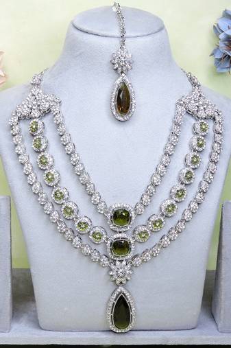 Green rhodium premium designer american diamond and stone work necklace set