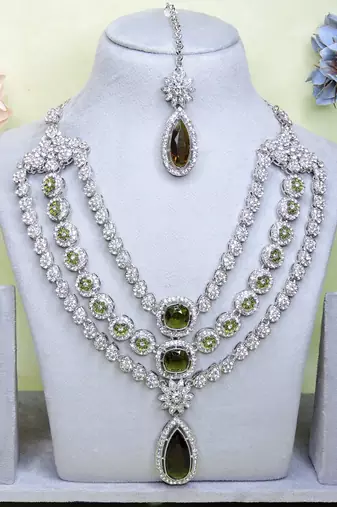 Green rhodium premium designer american diamond and stone work necklace set