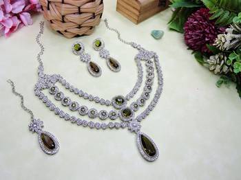 Green rhodium premium designer american diamond and stone work necklace set 2