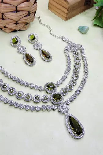Green rhodium premium designer american diamond and stone work necklace set