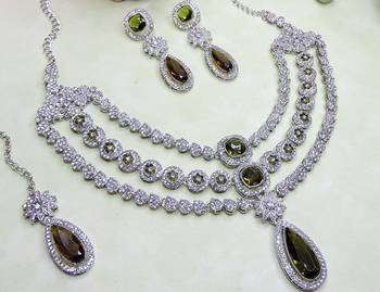 Green rhodium premium designer american diamond and stone work necklace set 3