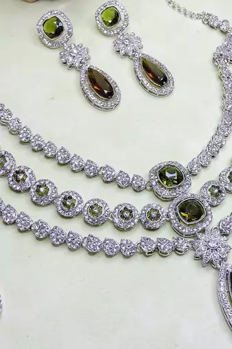 Green rhodium premium designer american diamond and stone work necklace set