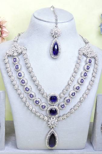 Blue rhodium premium designer american diamond and stone work necklace set