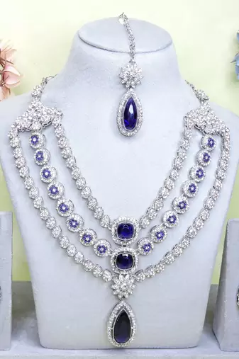 Blue rhodium premium designer american diamond and stone work necklace set