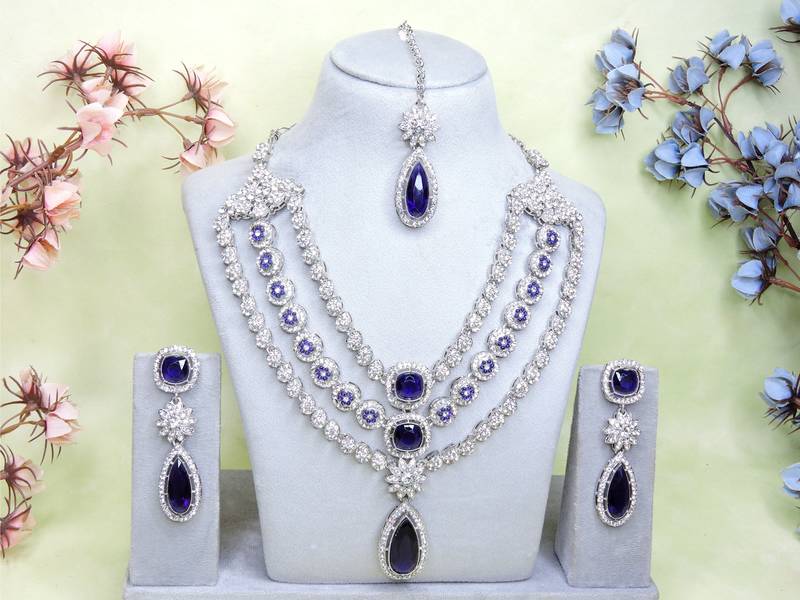 Blue rhodium premium designer american diamond and stone work necklace set