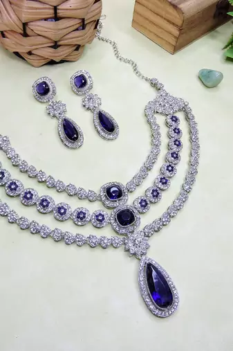 Blue rhodium premium designer american diamond and stone work necklace set