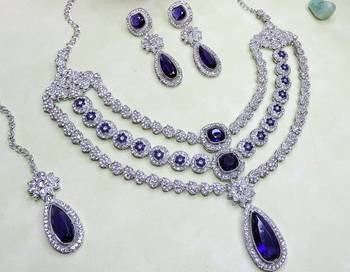 Blue rhodium premium designer american diamond and stone work necklace set 3