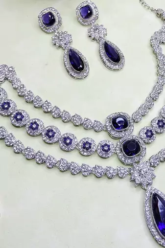 Blue rhodium premium designer american diamond and stone work necklace set