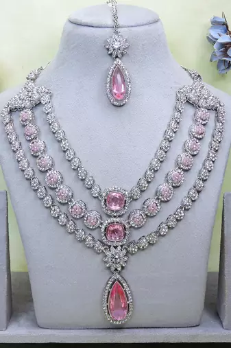 Pink rhodium premium designer american diamond and stone work necklace set