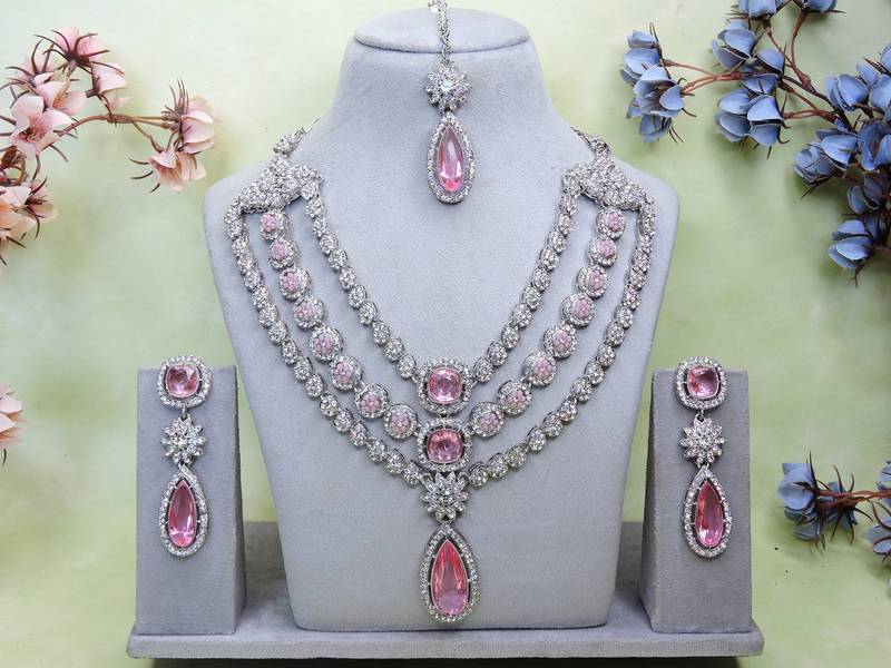 Pink rhodium premium designer american diamond and stone work necklace set