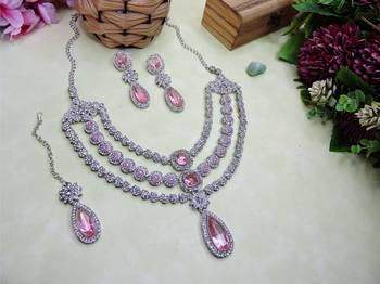 Pink rhodium premium designer american diamond and stone work necklace set 2
