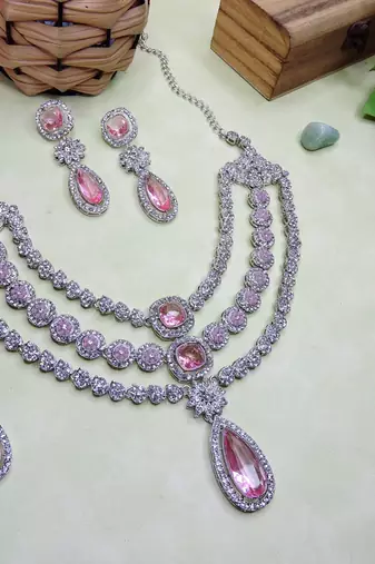 Pink rhodium premium designer american diamond and stone work necklace set